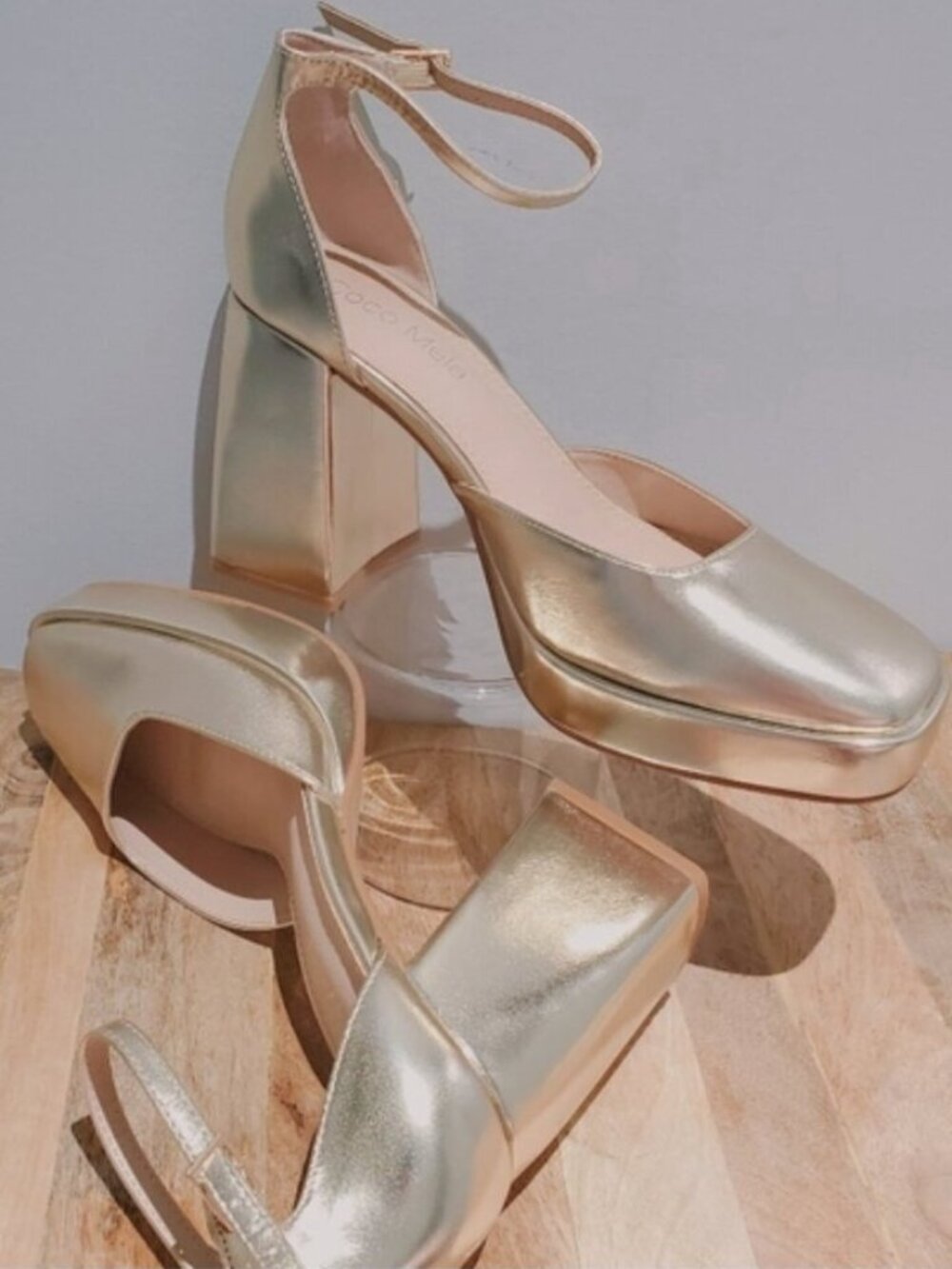 New Light Metallic Champagne Platform Ankle Strap Block Heel Retro 70s Shoes